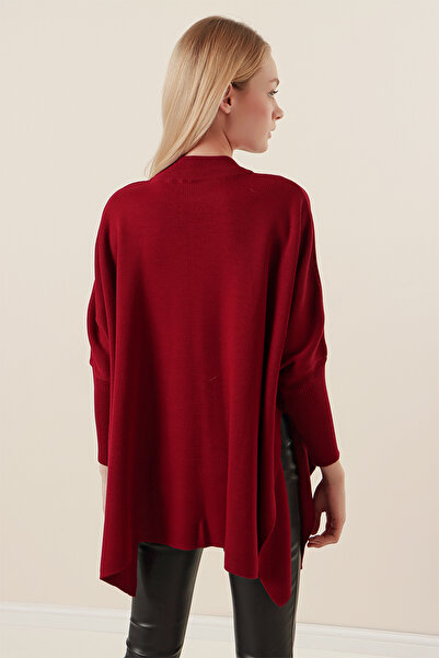 lovebox Side Slit Detail Wide Bat Sleeve Round Collar Oversize Wide Fit Claret Red Knitwear Sweater 15783