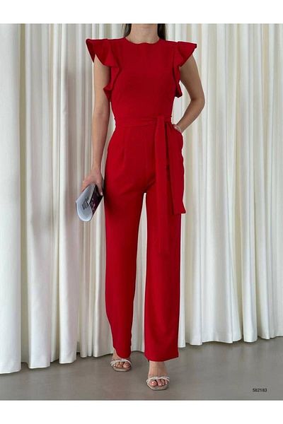 ModaLy Moda ROCHIE DE SĂRMĂ DETALIE DE BUZUUNAR DE CULOARE ROȘU DE NISIP CREP FLEXIBIL SALOPETĂ GL-705 582183