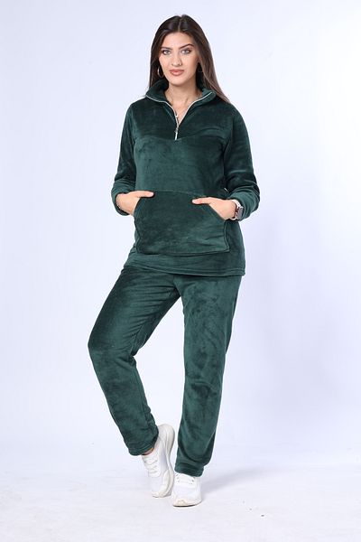 mervemoda Γυναικεία αθλητική φόρμα δύο τεμαχίων με πράσινο γιακά με φερμουάρ welsoft υψηλής ποιότητας