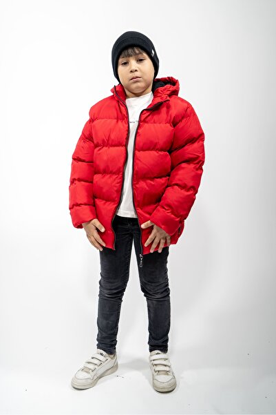 FREE ARSLAN COLLECTİON Boy's Waterproof and Windproof Plush Inside Thick Fixed Hooded Red Children's Coat
