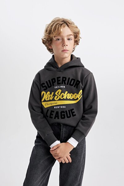 DeFacto Boy's Hooded Printed Thick Sweatshirt