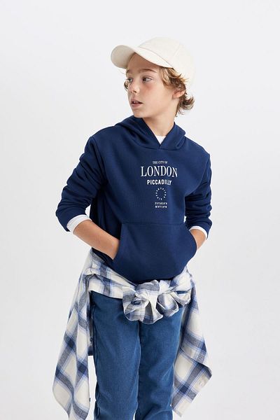 DeFacto Boy's Hooded Printed Thick Sweatshirt