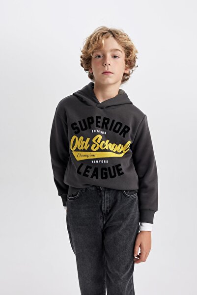 DeFacto Boy's Hooded Printed Thick Sweatshirt