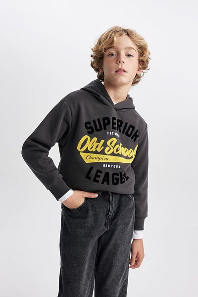 DeFacto Boy's Hooded Printed Thick Sweatshirt