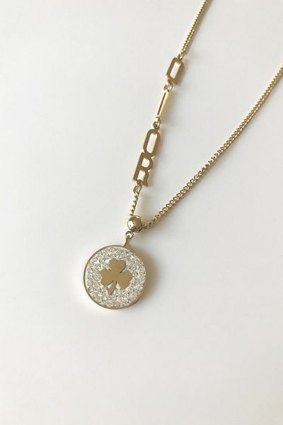 SilverStone Women's Gold Color Zircon Stone Brand Written Clover Steel Necklace