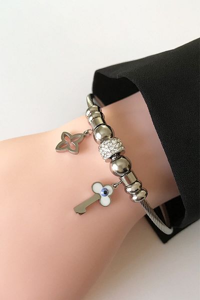 SilverStone Women's Evil Eye Beaded Key Model Silver Color Steel Bracelet