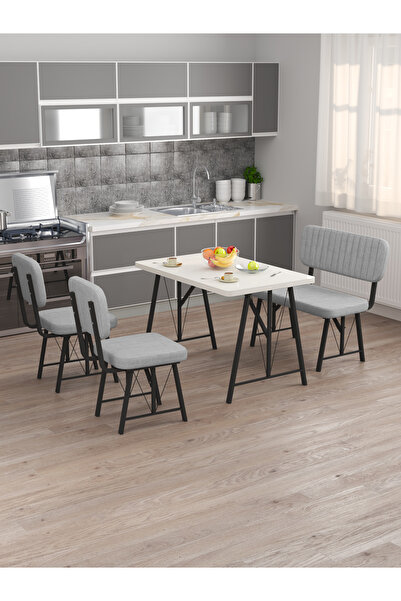 Mygusi Hayat 70x110 Beyaz Mutfak Masası, Mutfak Masası Takımı, Yemek Masası, 2 Sandalye 1 Bench - Açık Gri