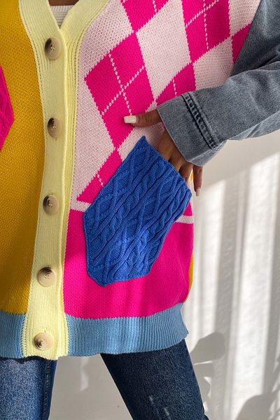 FEMELLE Women's Yellow Standard Size Pocket Button Detailed Multicolor Oversize Knitwear Cardigan