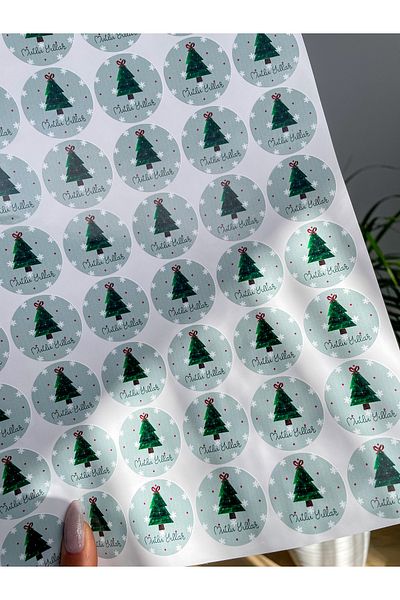 Hayal.kirtasiyesi Christmas Pine Tree Sticker 3.5 cm 48 Pieces Opaque Sticker, Christmas Sticker, Gift Wrap Decoration