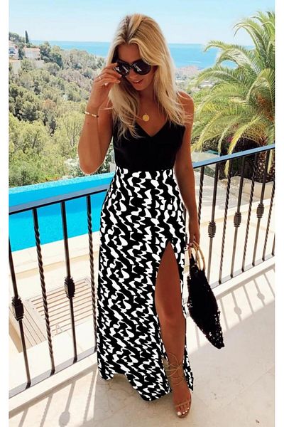 BELLA NOTTE Women's Strappy V-Neck Skirt Digital Printed Dalmatian Pattern Slit Micro Fabric Dress
