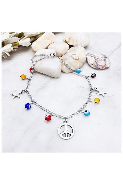 Bijustore Peace Symbol Evil Eye Beaded Anklet