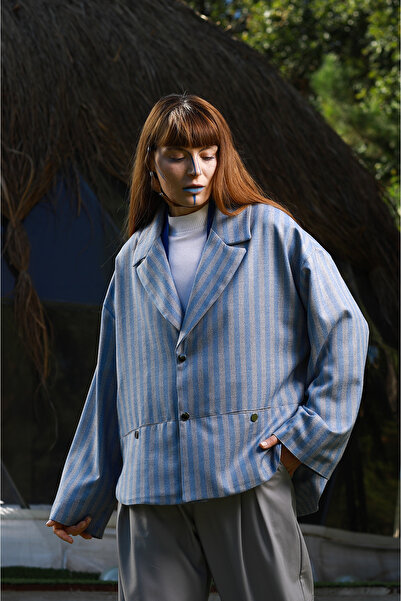 LoFiBuy Unisex Mavi Oversize Çizgili Premium Alt-üst Takım - Threee