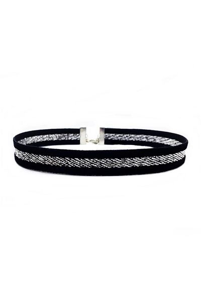 Bijustore White Glitter Embroidery Black Velvet Women's Choker Necklace