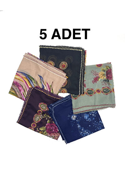 nazipek 5'li Set Toptan Hediyelik Çiçekli Desen Oyalı %100 Pamuklu Yazma 100x...