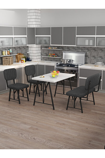 Mygusi Hayat 70x110 Beyaz Mutfak Masası, Mutfak Masası Takımı, Yemek Masası, 2 Sandalye 1 Bench - Antrasit