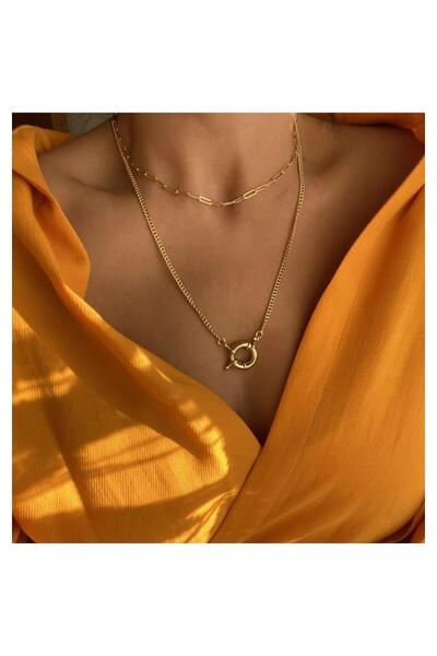 Bijustore Altın Kaplama Halka Kilit & Zincir Ikili Kadın Choker Kolye