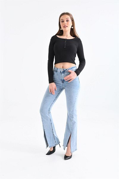 ByCukurovaFrango Julia 90's Blue Snow Wash Lycra Pantaloni evazați cu talie înaltă, blugi evazați