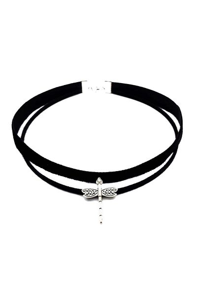 Bijustore Silver Color Dragonfly Black Velvet -suede Women's Choker Collar Necklace