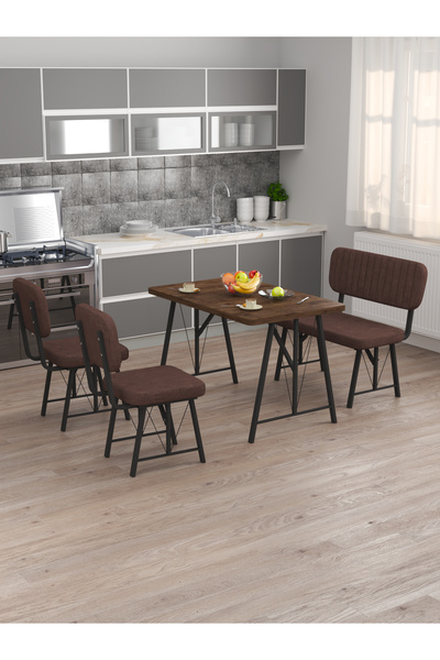 Mygusi Hayat 70x110 Amalfi, Mutfak Masası Takımı, Yemek Masası, 2 Sandalye 1 Bench - Kahverengi