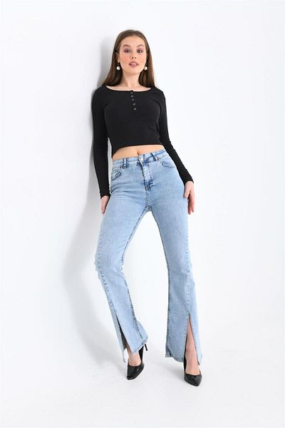ByCukurovaFrango Julia 90's Blue Snow Wash Lycra Pantaloni evazați cu talie înaltă, blugi evazați