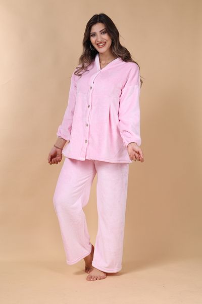 mervemoda Γυναικείο ροζ Plus Size Ultra μαλακό μπροστινό πλισέ πιτζάμες με κουμπιά