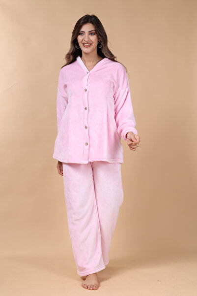 mervemoda Women's Pink Plus Size Ultra soft front buttoned pleated pajamas suit