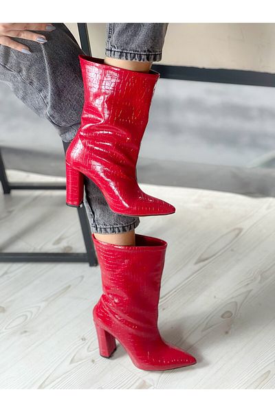 irmona PARIS RED MATLASATĂ Piele Lacuită Cu Toc CIZME SCURTĂ BOTİE