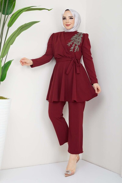 marwella Ulyana Taşlı Takım - Bordo