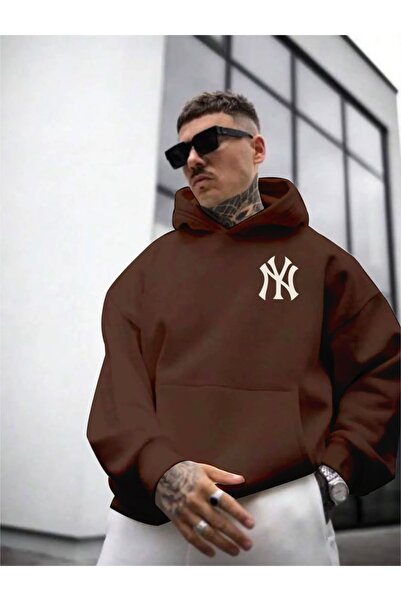 NİCE Чоловічий коричневий на спині світшот з принтом NY з капюшоном