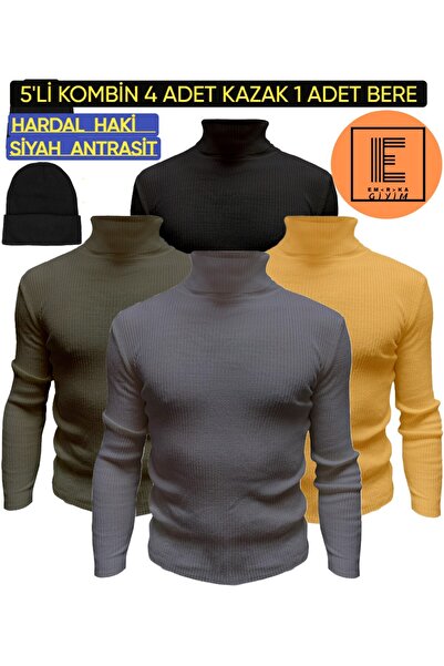 EMKA GİYİM 5-piece combination men's turtleneck turtleneck sweater and beret