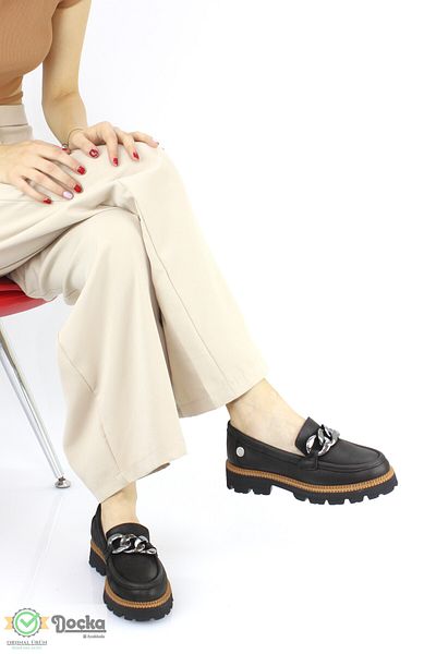 Mammamia Women's Genuine Leather Chain Detailed Casual Classic Style Loafer Shoes