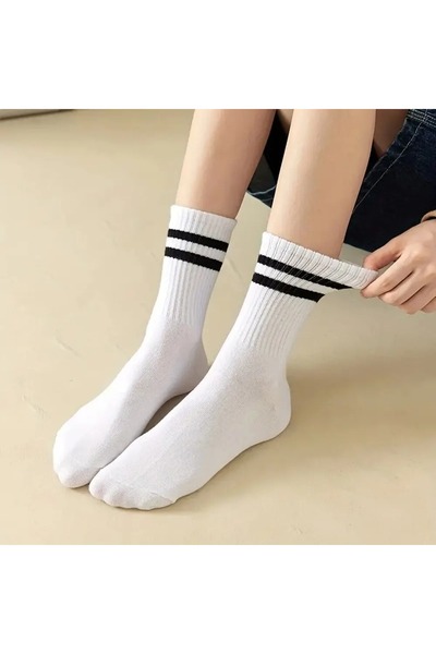 çorapmanya 10 Pairs Women's Black White Striped College Tennis Socks