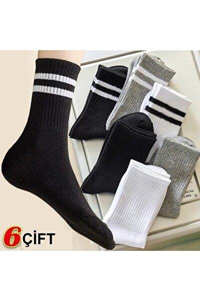 çorapmanya 6 Çift Kadın Siyah Beyaz Gri Çizgili Çizgisiz Kolej Tenis Çorap