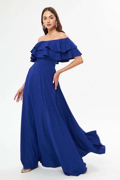 Bidoluelbise Off Shoulder Double Layer Ruffle Detail Neckline Maxi Length Flared Evening & Homecoming Dress