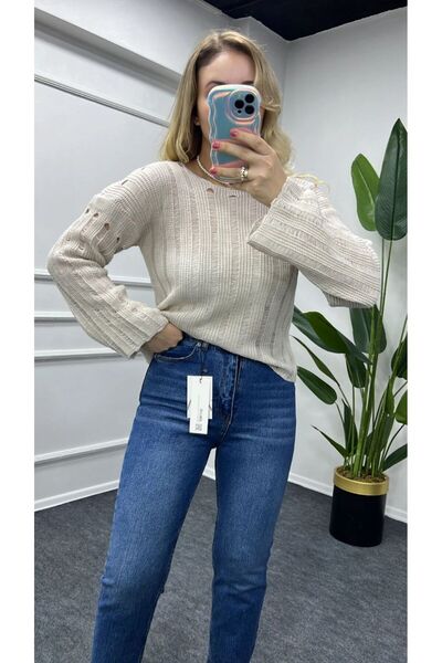 Entrendburada Boat Neck Openwork Ripped Detailed Knitwear Dark Beige Blouse -...