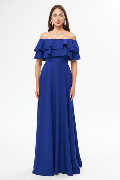 Bidoluelbise Off Shoulder Double Layer Ruffle Detail Neckline Maxi Length Flared Evening & Homecoming Dress