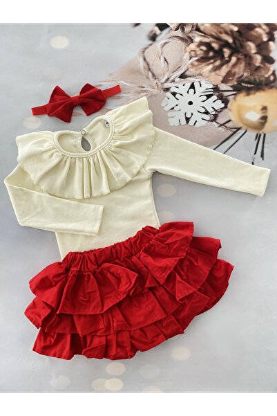 Mini Kids Baby Kız Bebek Yakası Fırfırlı Uzun Kollu Fitilli Body ve Kırmızı Fırfırlı Şort Etek Bandana Takım