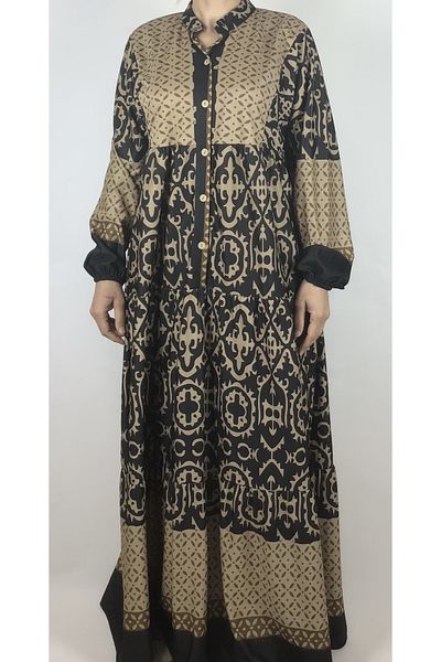 ECE GİYİM Oversize Ethnic Patterned Elastic Sleeve and Four Button Seasonal Dress