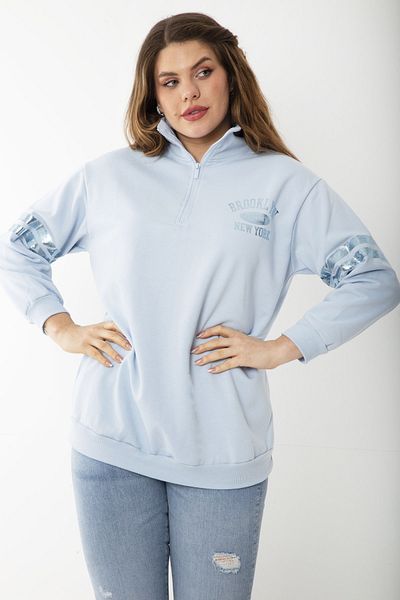 Şans Women's Large Size Blue Patchwork Zippered Lacquer Printed Two Thread Sweatshirt 65N37201