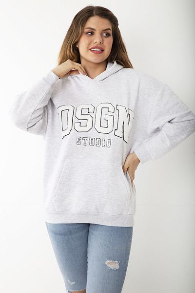 Şans Women's Large Size Gray Hooded Sweatshirt with Raised Embroidery and Kangaroo Pocket Detail 65N37206