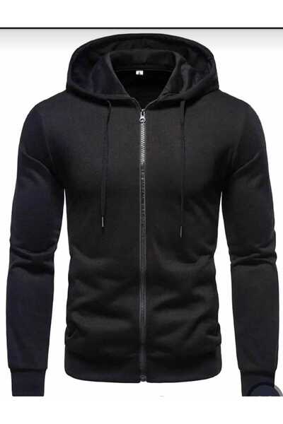 ELSİ Black Thick Winter Fabric Unisex Zip Hooded Jacket zippered solid jacket