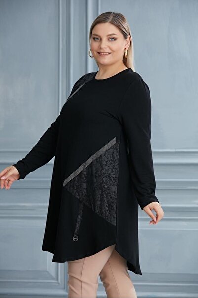 For Big Trend Women's Plus Size Pattern Blocked Accessory Detail Bias Cut Long Flexible Viscose Tunic