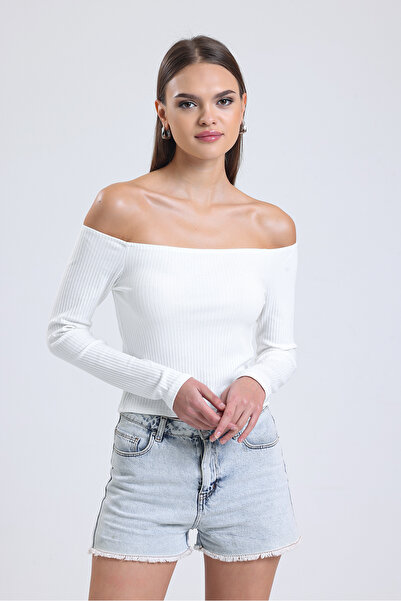 HMY Kadın Omuz Açık Kayık Yaka Asimetrik Fitilli Uzun Kollu Bluz - Basic Günlük