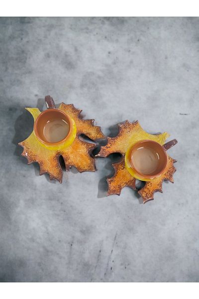 Artistic Quality Decorative Plane Leaf Figured Tea Coffee Cup Set in Yellow and Coffee Colors for 2 People