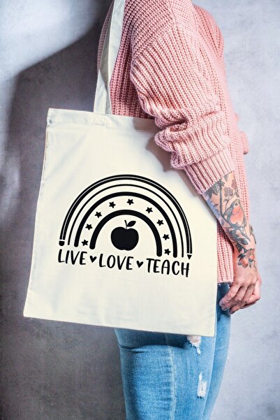 Eylül Design Teacher Themed Organic a Quality Raw Cloth Bag - Cream Color (Te...