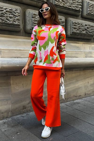 lovebox Knitwear Fabric Piece Pattern Long Sleeve Crew Neck Sweater and Wide Leg Trousers Orange Double Suit 8050