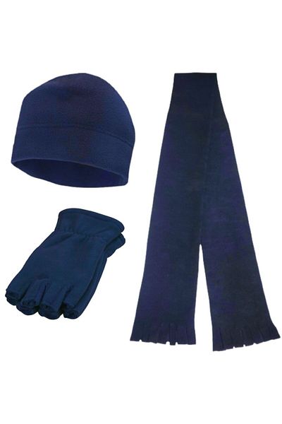AXE SPORTSWEAR الرجال الأزرق الداكن الحرارية الشتاء أصابع قطع نصف اصبع قفازات الصوف قبعة صوف الصوف وشاح 3 قطعة مجموعة