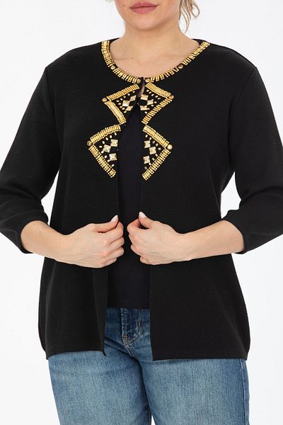 trikobis Gold Accessory Embroidered Three-Quarter Sleeve Wool Cardigan