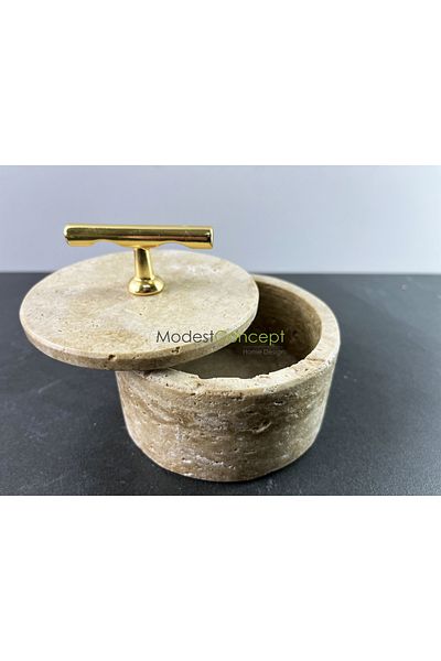 Modestmar وعاء رخام من الترافرتين الطبيعي، وعاء رخام بغطاء مع إكسسوارات ذهبية، وعاء مزخرف، مجوهرات