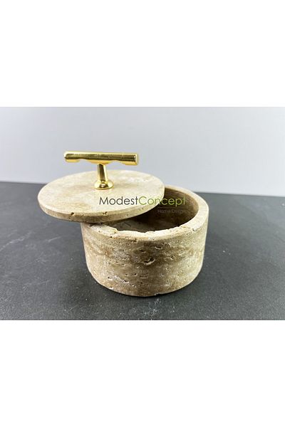 Modestmar وعاء رخام من الترافرتين الطبيعي، وعاء رخام بغطاء مع إكسسوارات ذهبية، وعاء مزخرف، مجوهرات